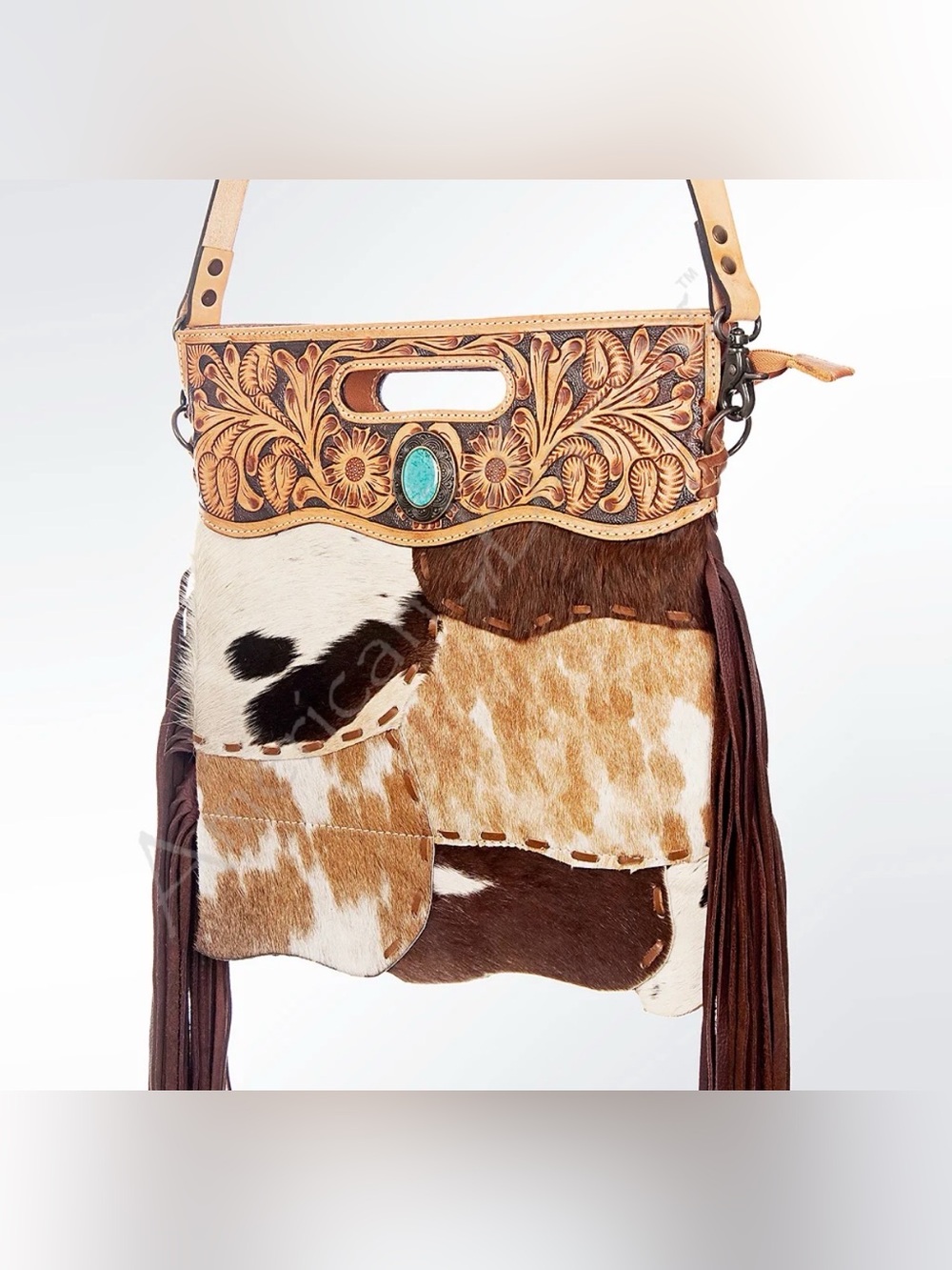 Western Bag Leather Tooled Patchwork Cowhide Crossbody Bag with Turquoise Accent